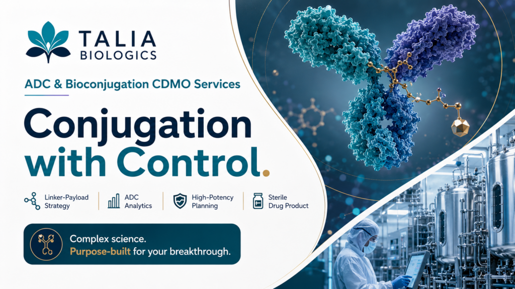 Talia Biologics ADC and bioconjugation CDMO services banner with the slogan “Conjugation with Control,” featuring antibody-conjugate imagery, linker-payload strategy, ADC analytics, high-potency planning, sterile drug product, and biomanufacturing visuals.
