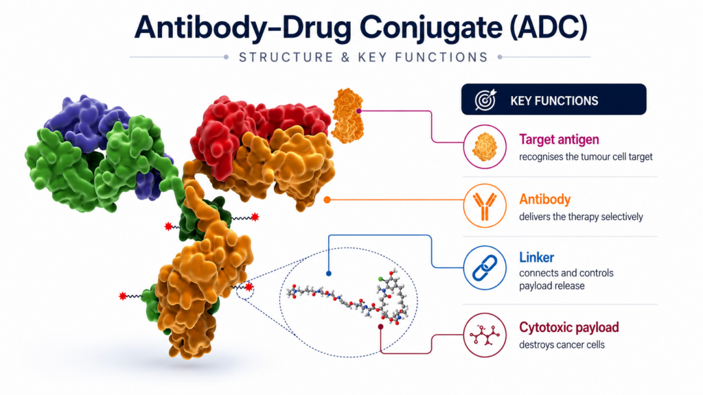 Antibody-drug conjugate structure infographic showing an antibody, target antigen, linker, and cytotoxic payload with concise explanations of each component’s role in targeted cancer therapy.